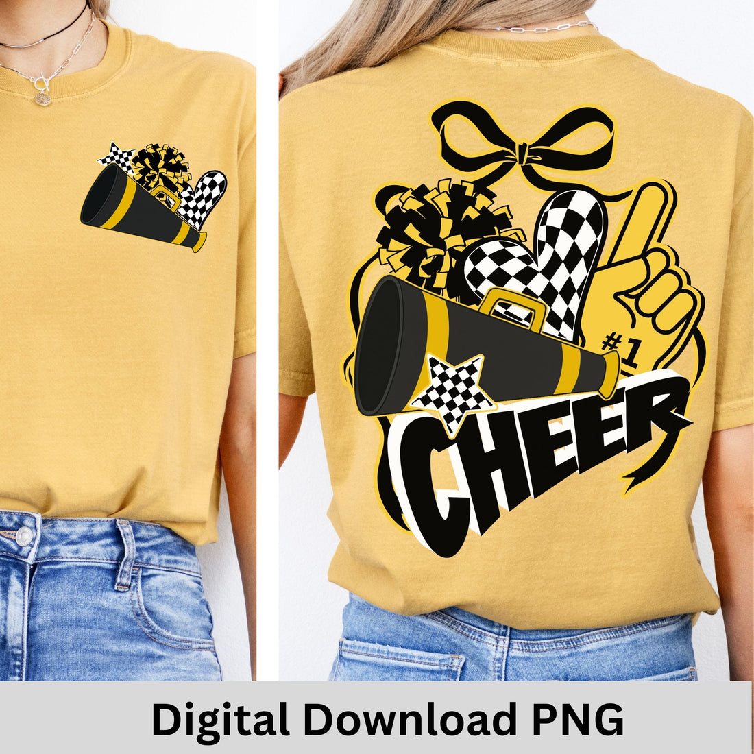 Cheer Spirit Black & Gold Coquette Bow PomPom Design PNG