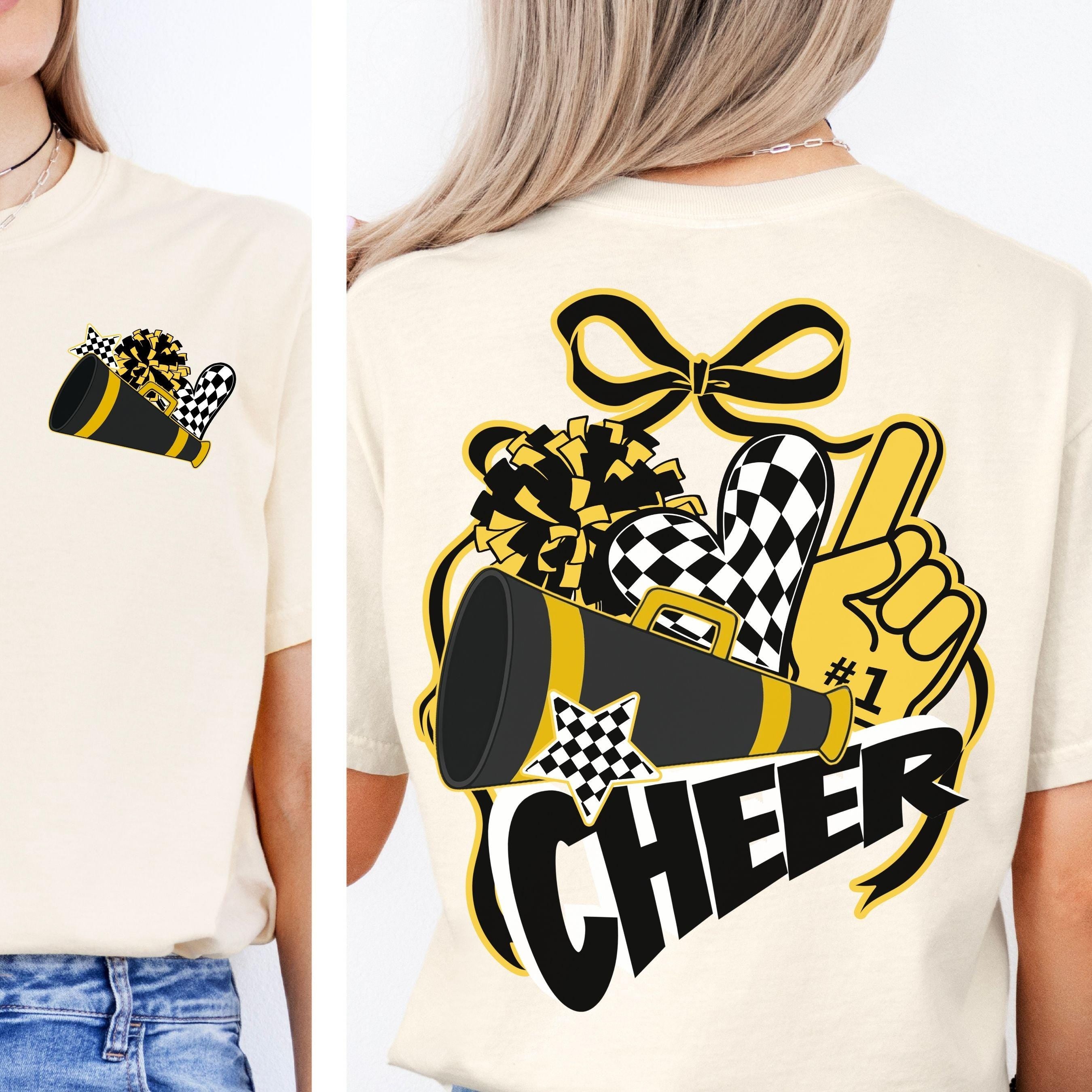 Cheer Spirit Black & Gold Coquette Bow PomPom Design PNG