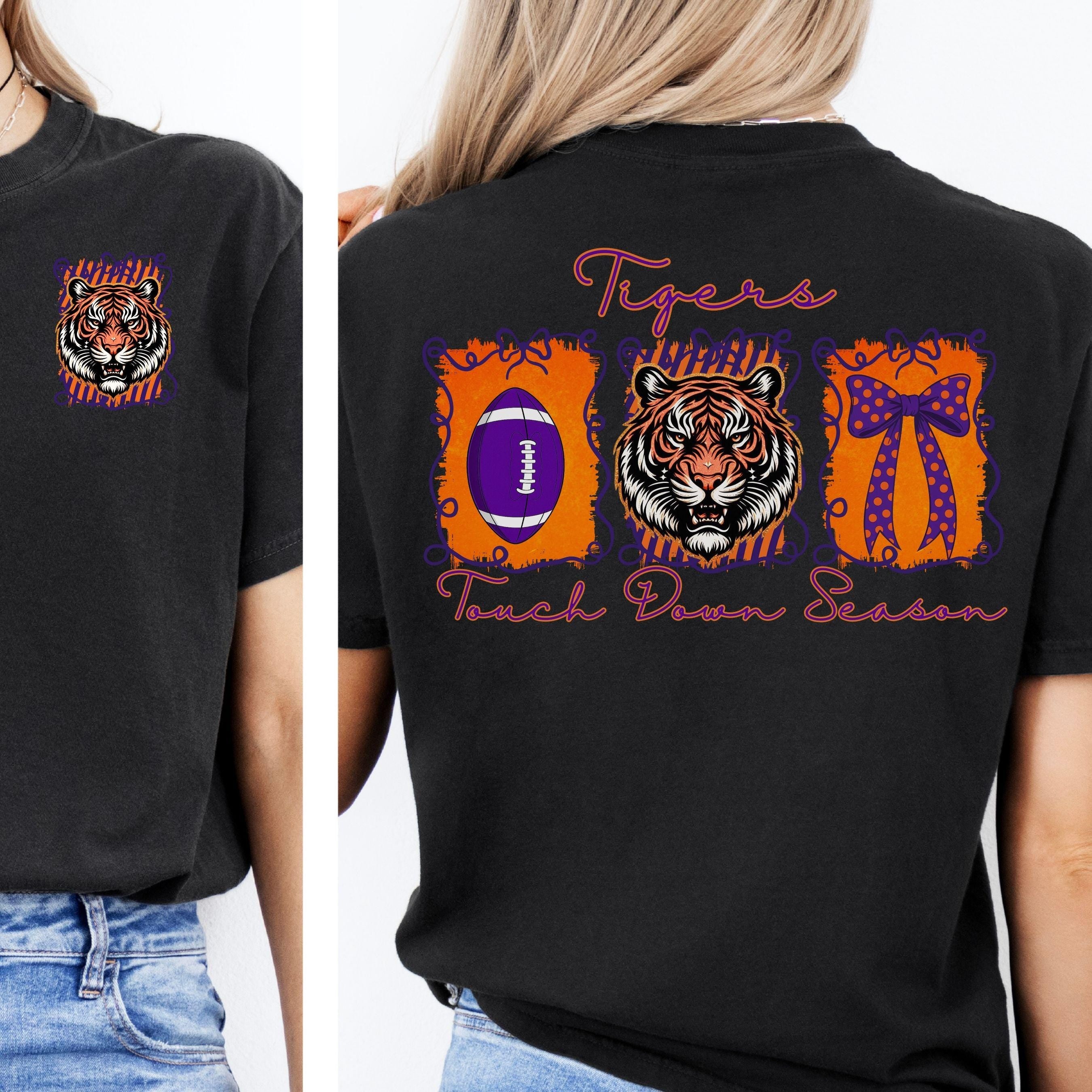 Tigers Coquette Bow Touch Down Season Football PNG Purple Orange