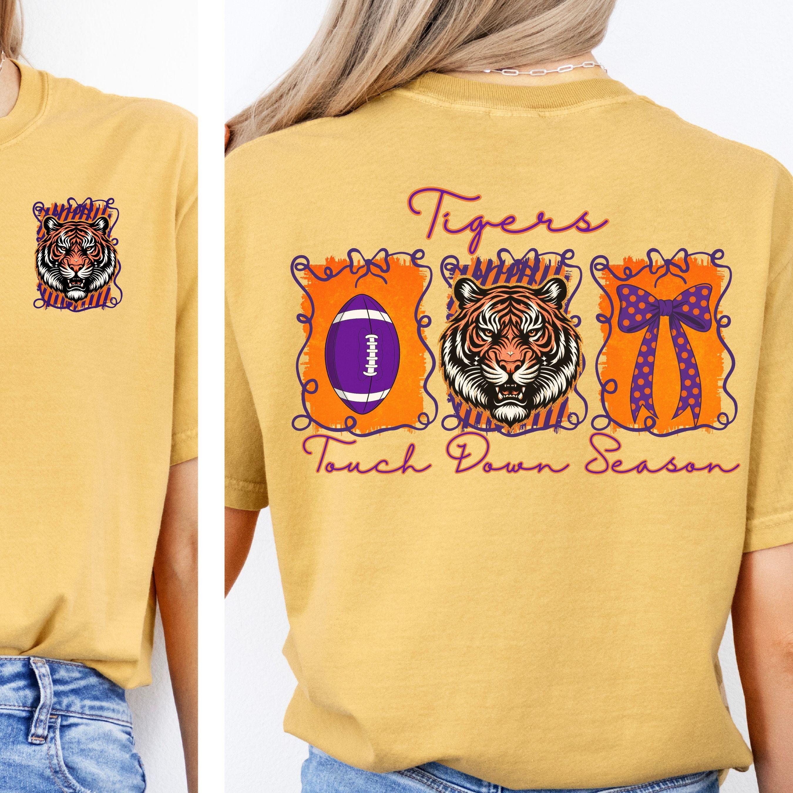 Tigers Coquette Bow Touch Down Season Football PNG Purple Orange