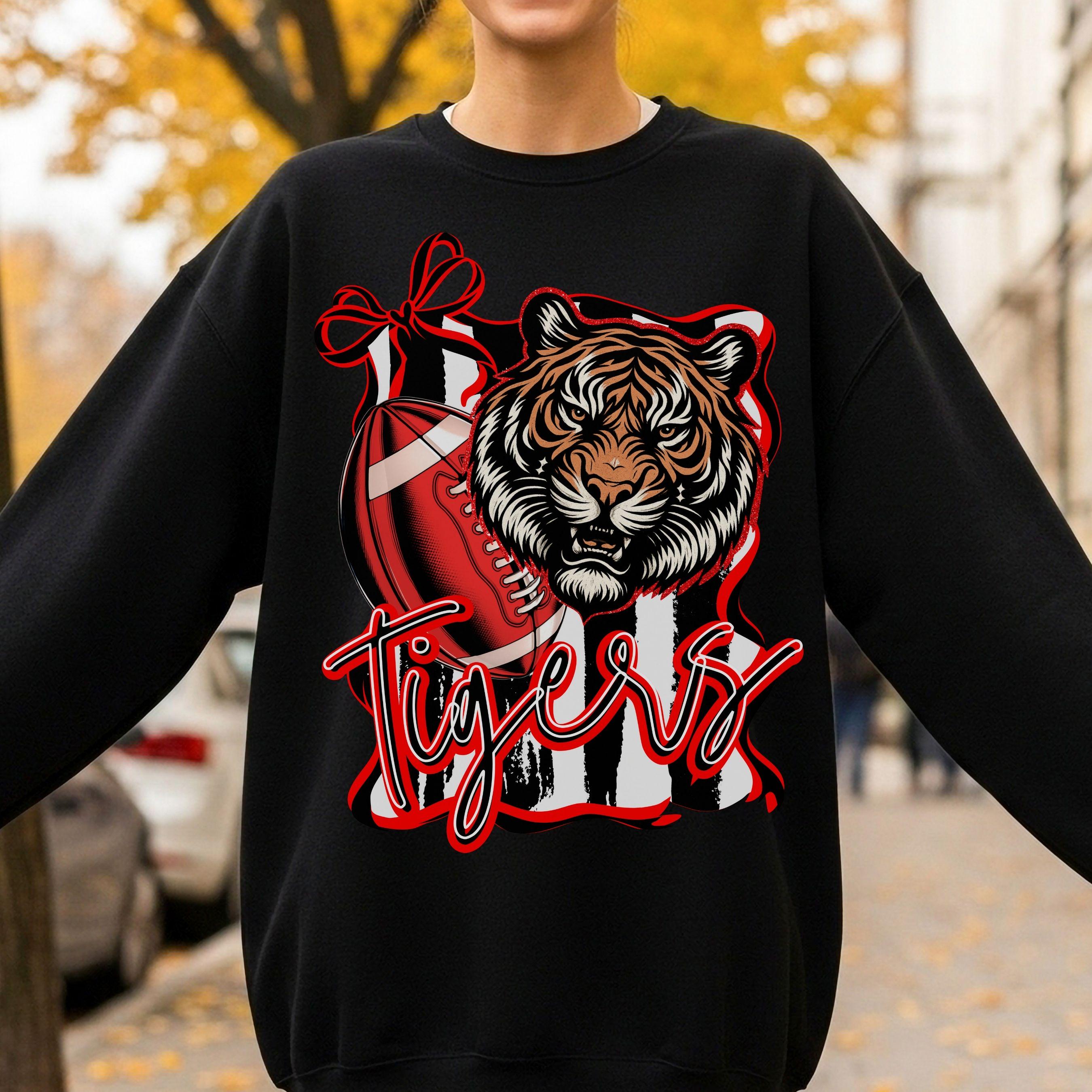 Tigers Coquette Bow Stripe Design Football PNG Red