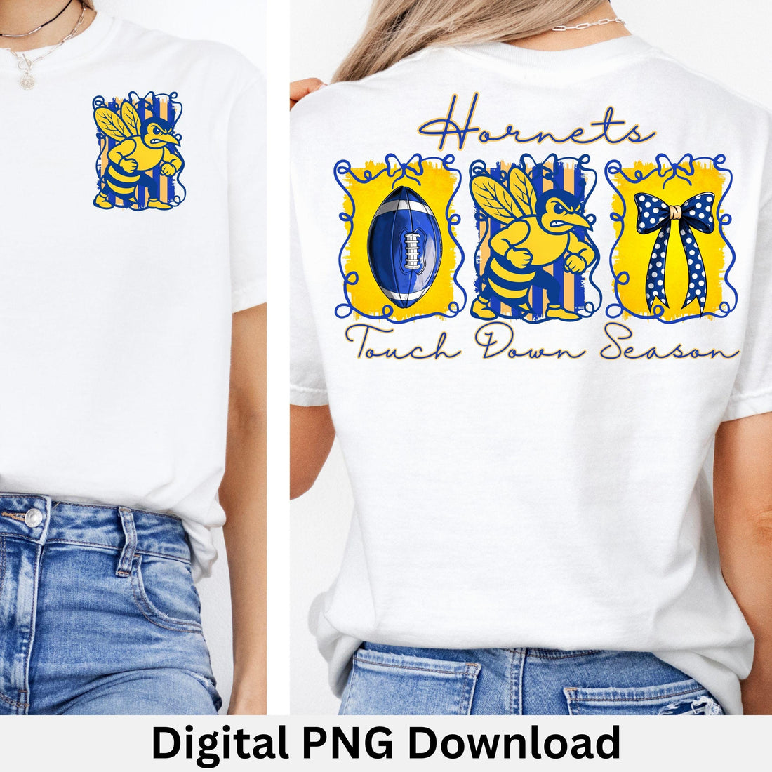 Hornets Blue Yellow Coquette Bow Football Touch Down Season PNG