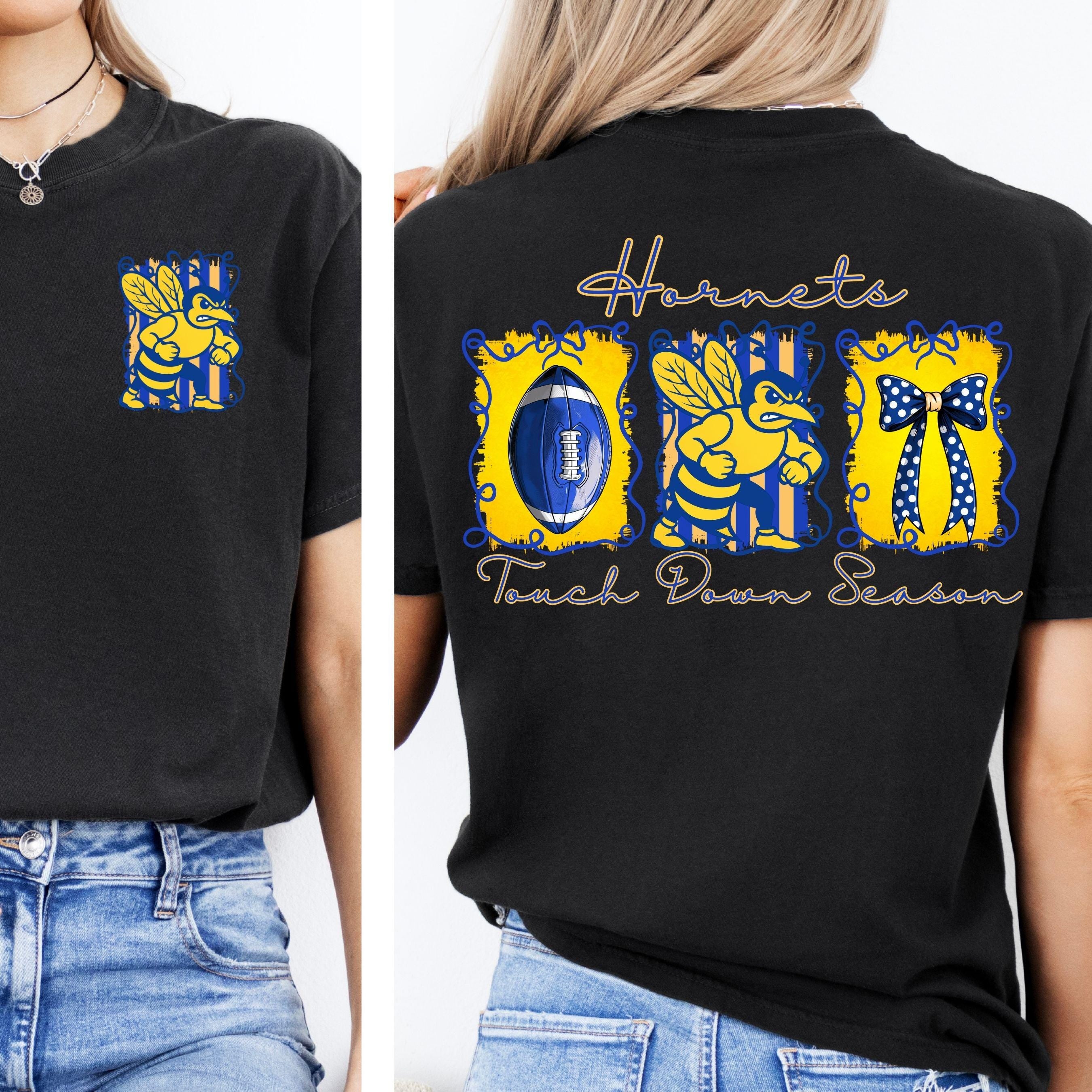 Hornets Blue Yellow Coquette Bow Football Touch Down Season PNG
