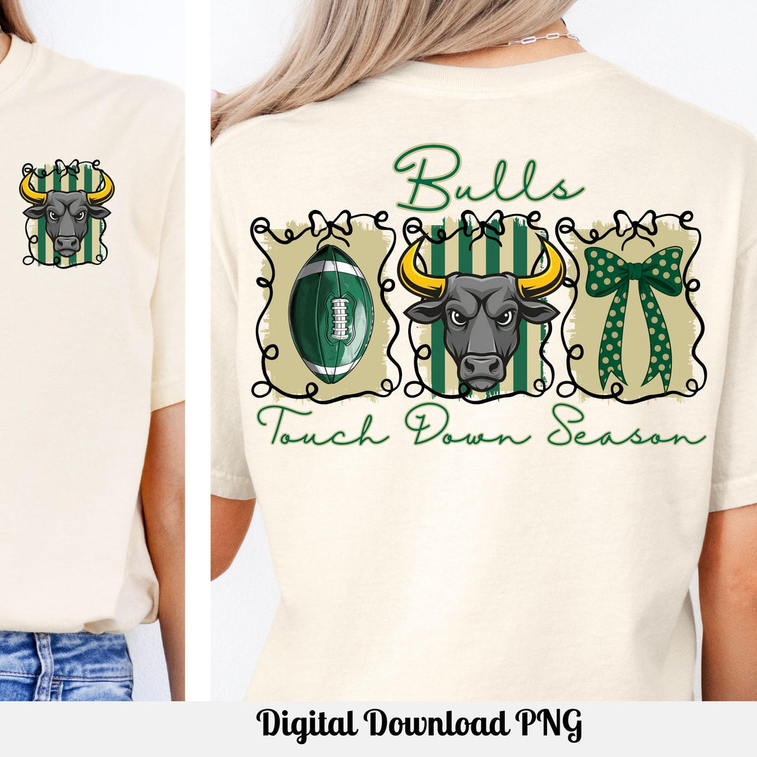 Bulls Green Gold Coquette Bow Football Touch Down Season PNG