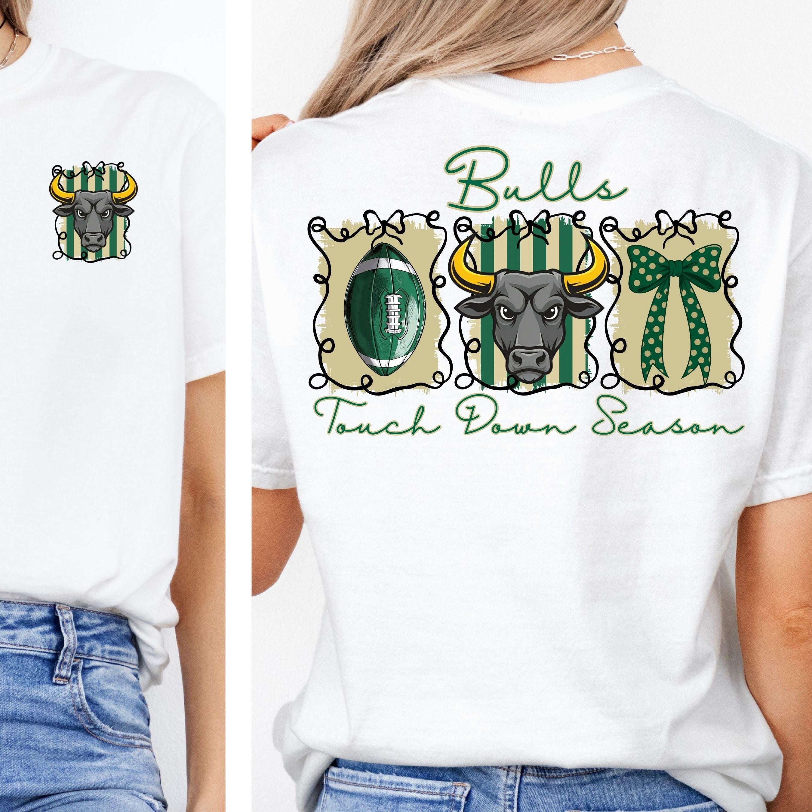 Bulls Green Gold Coquette Bow Football Touch Down Season PNG