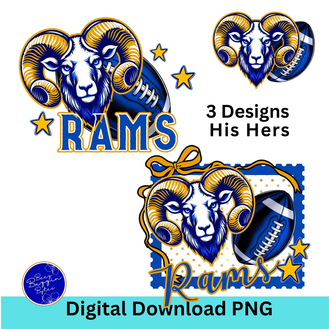 Rams Trendy Stamp Coquette Bow Football PNG Blue Gold