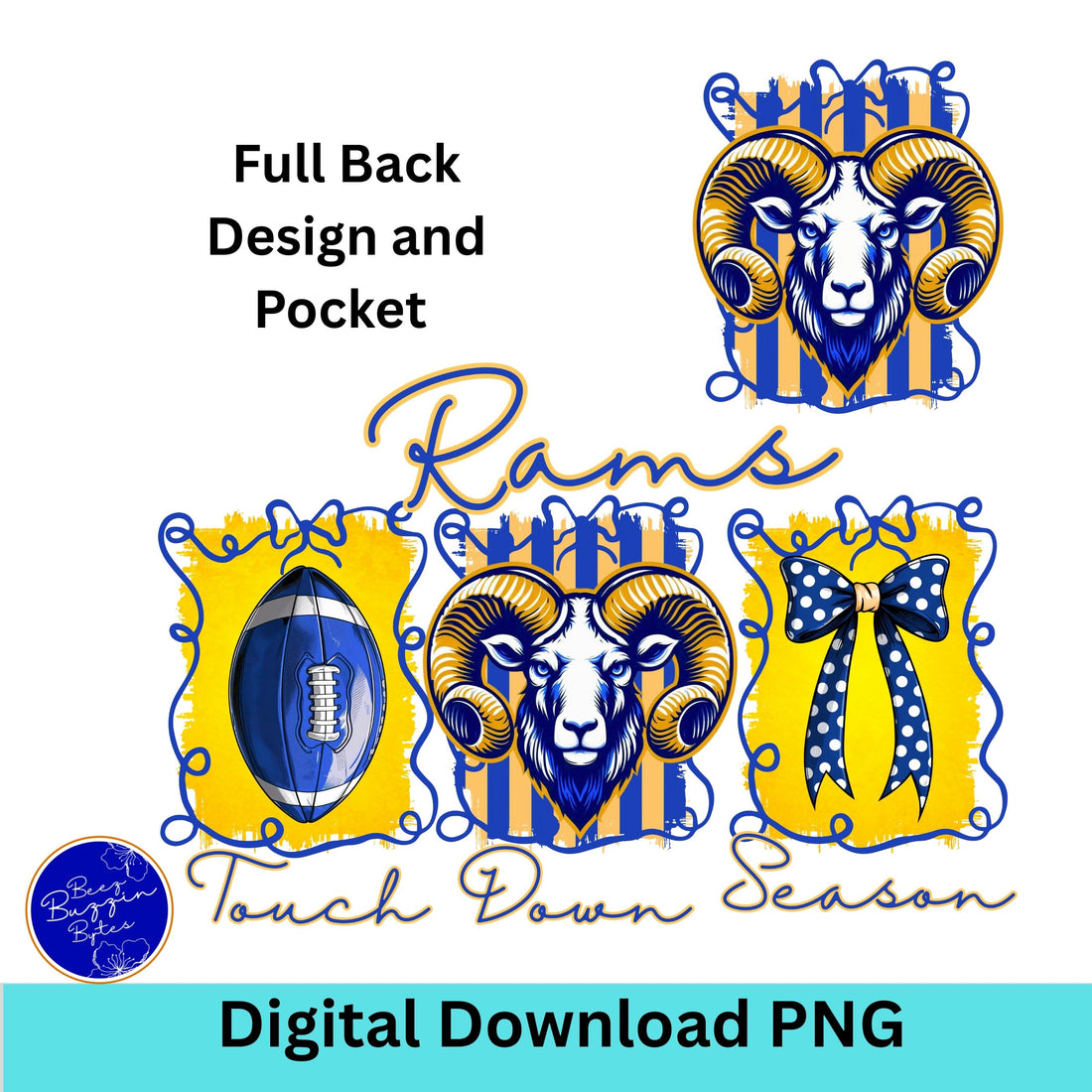 Rams Coquette Bow Touch Down Season Design PNG Blue Gold