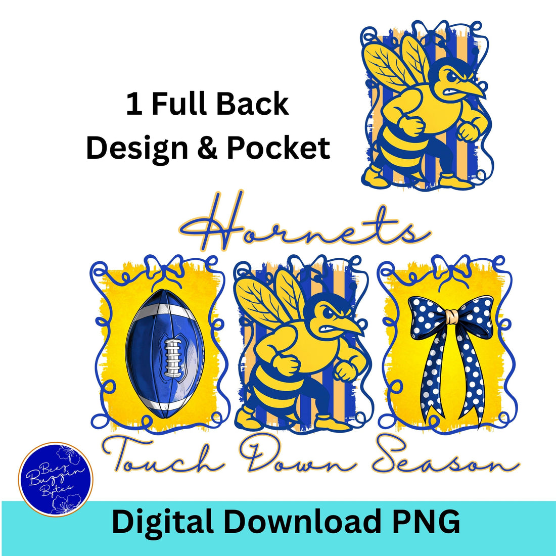 Hornets Blue Yellow Coquette Bow Football Touch Down Season PNG