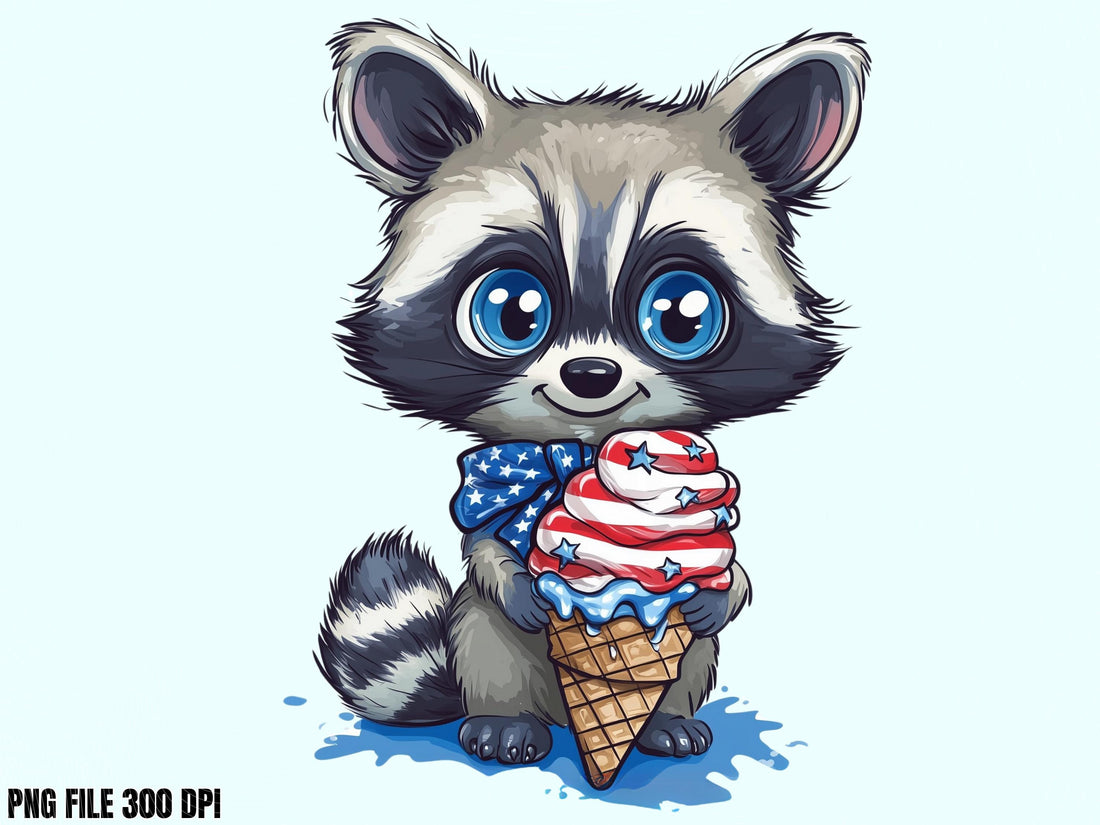 Cute Patriotic Raccoon Holding Ice Cream PNG