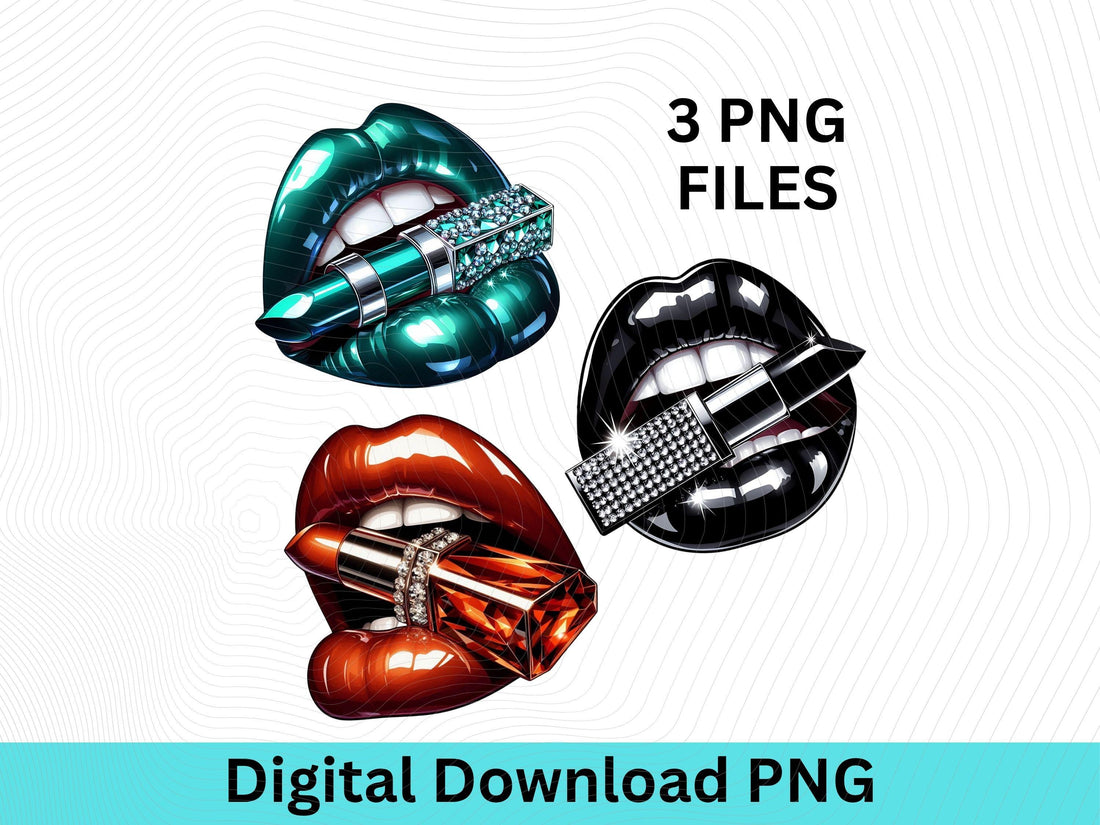 Glam Lips Digital Download Bundle – 3 Lipstick Clipart, Glossy Lips PNG