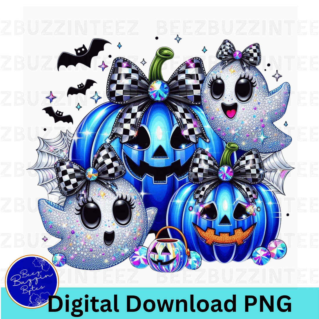Sparkly Ghosts and Blue Pumpkins Halloween PNG