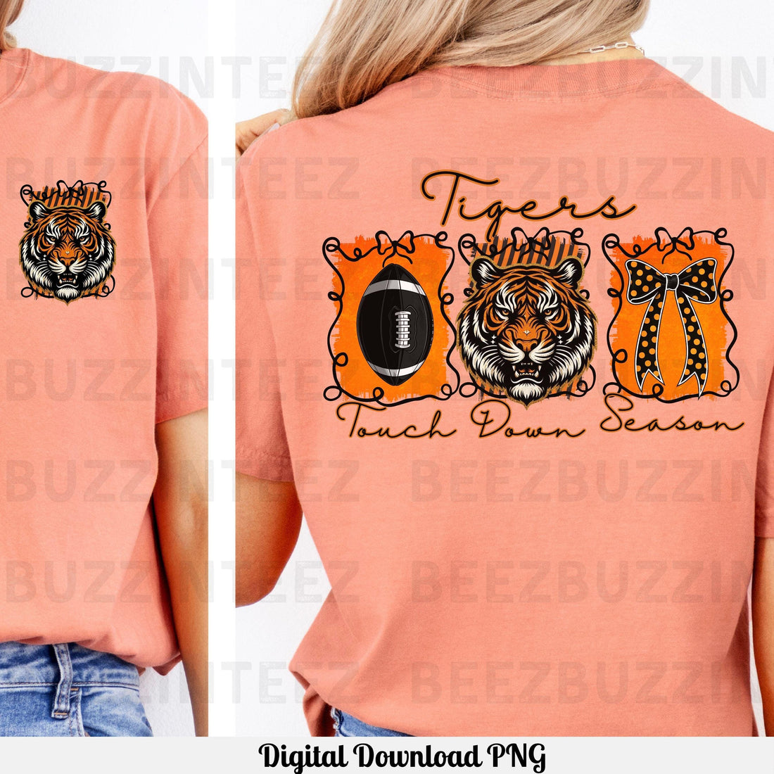 Tigers Coquette Bow Touch Down Season Football PNG  Black Orange