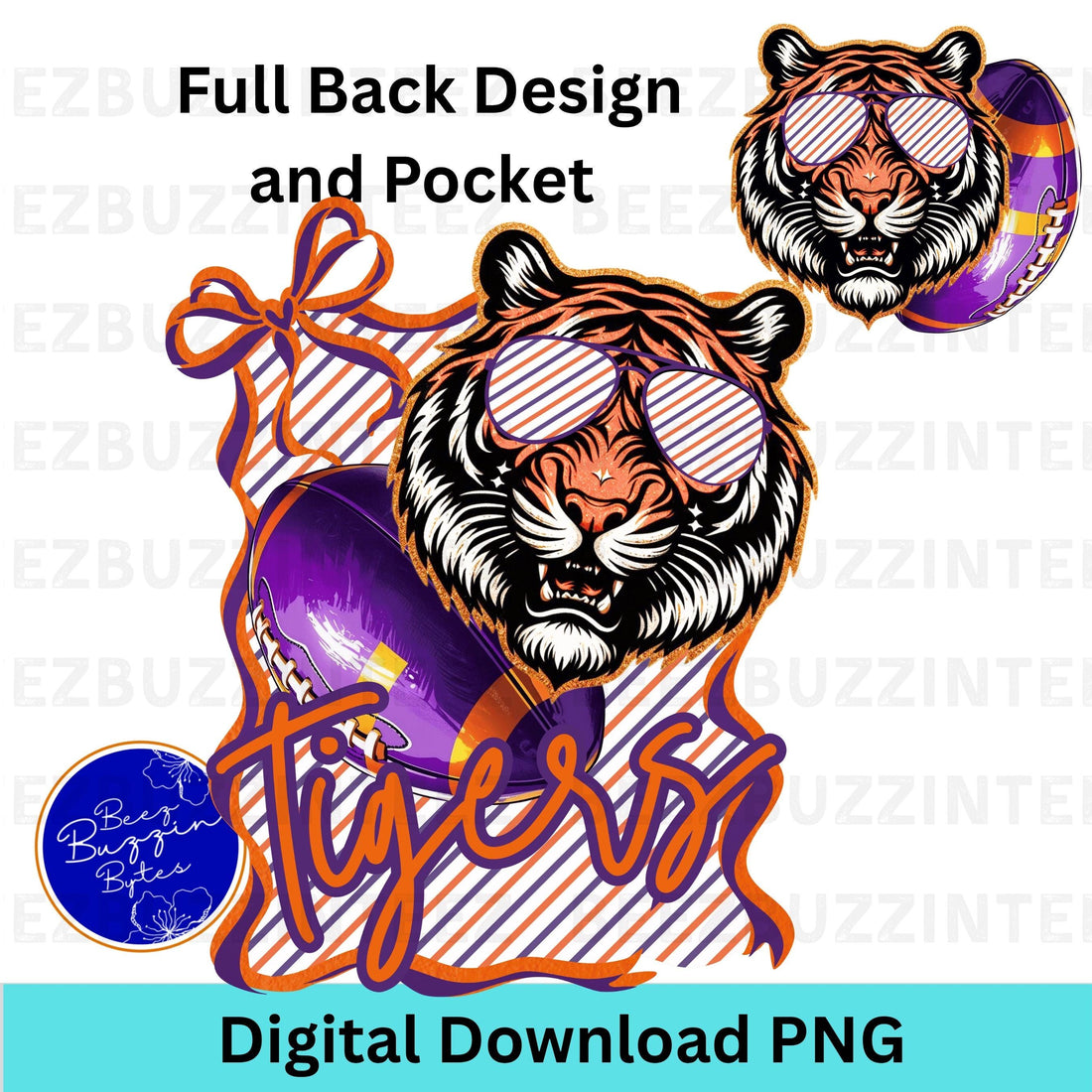 Tigers Cool Coquette Bow Stipe Design Football PNG purple orange