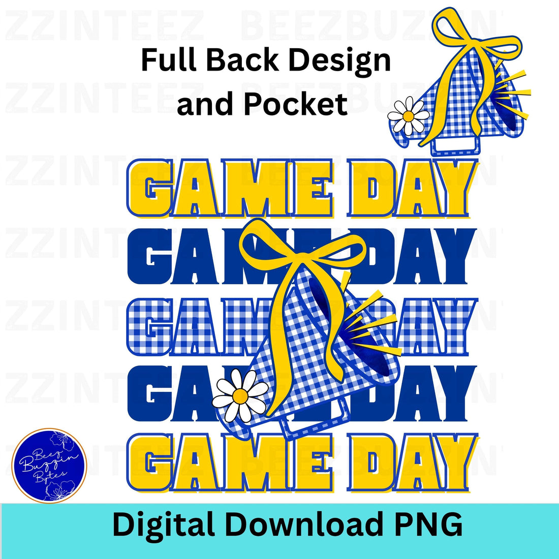 Game Day Blue & Yellow Gingham Cheer Megaphone with Coquette Bow PNG