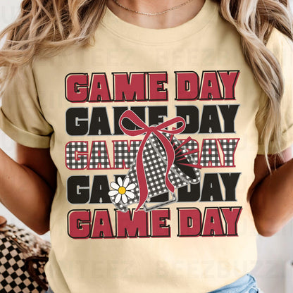 Game Day Black &amp; Maroon Gingham Cheer Megaphone with Coquette Bow PNG