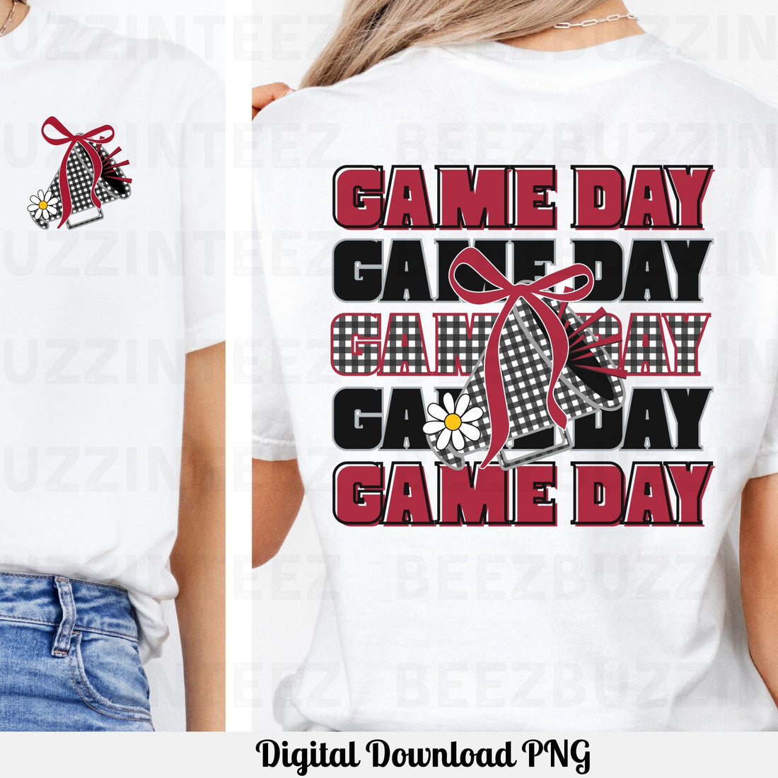Game Day Black &amp; Maroon Gingham Cheer Megaphone with Coquette Bow PNG