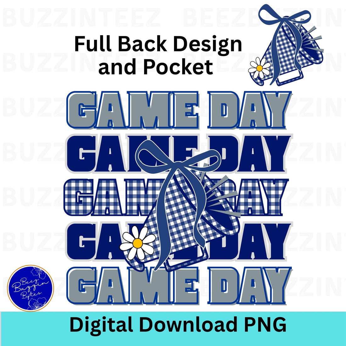 Game Day Blue &amp; Gray Gingham Cheer Megaphone with Coquette Bow PNG