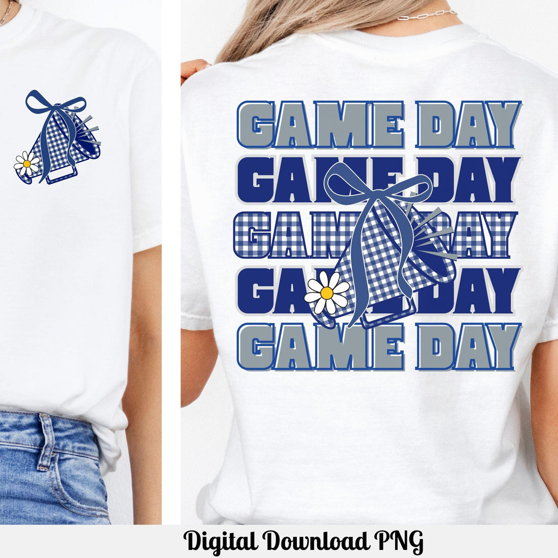 Game Day Blue &amp; Gray Gingham Cheer Megaphone with Coquette Bow PNG