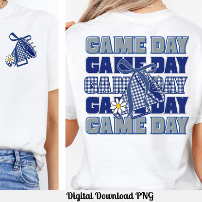 Game Day Blue &amp; Gray Gingham Cheer Megaphone with Coquette Bow PNG