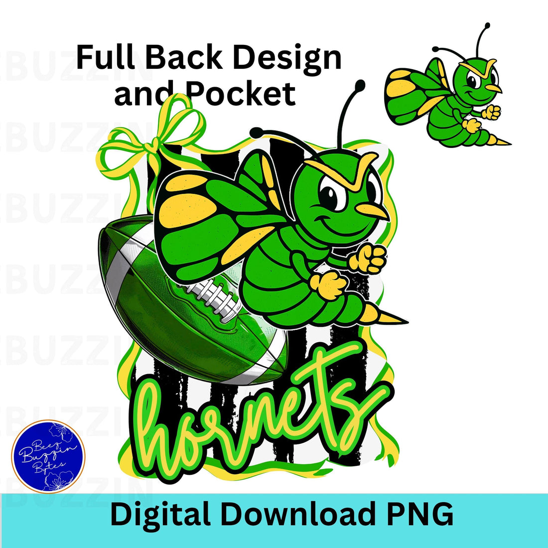 Hornets Green Yellow  Trendy Coquette Bow &amp; Stripe Design Game Day PNG