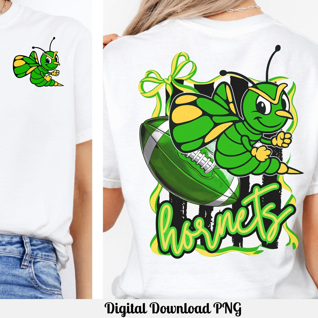 Hornets Green Yellow  Trendy Coquette Bow &amp; Stripe Design Game Day PNG