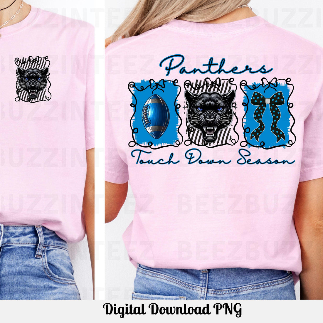 Panthers Black Blue Coquette Bow Touch Down Season PNG