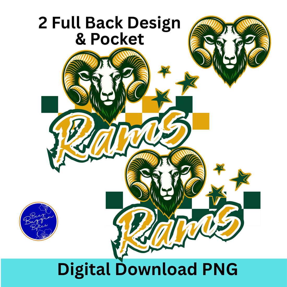 Rams Trendy Checker Design With Star Elements PNG Green Gold