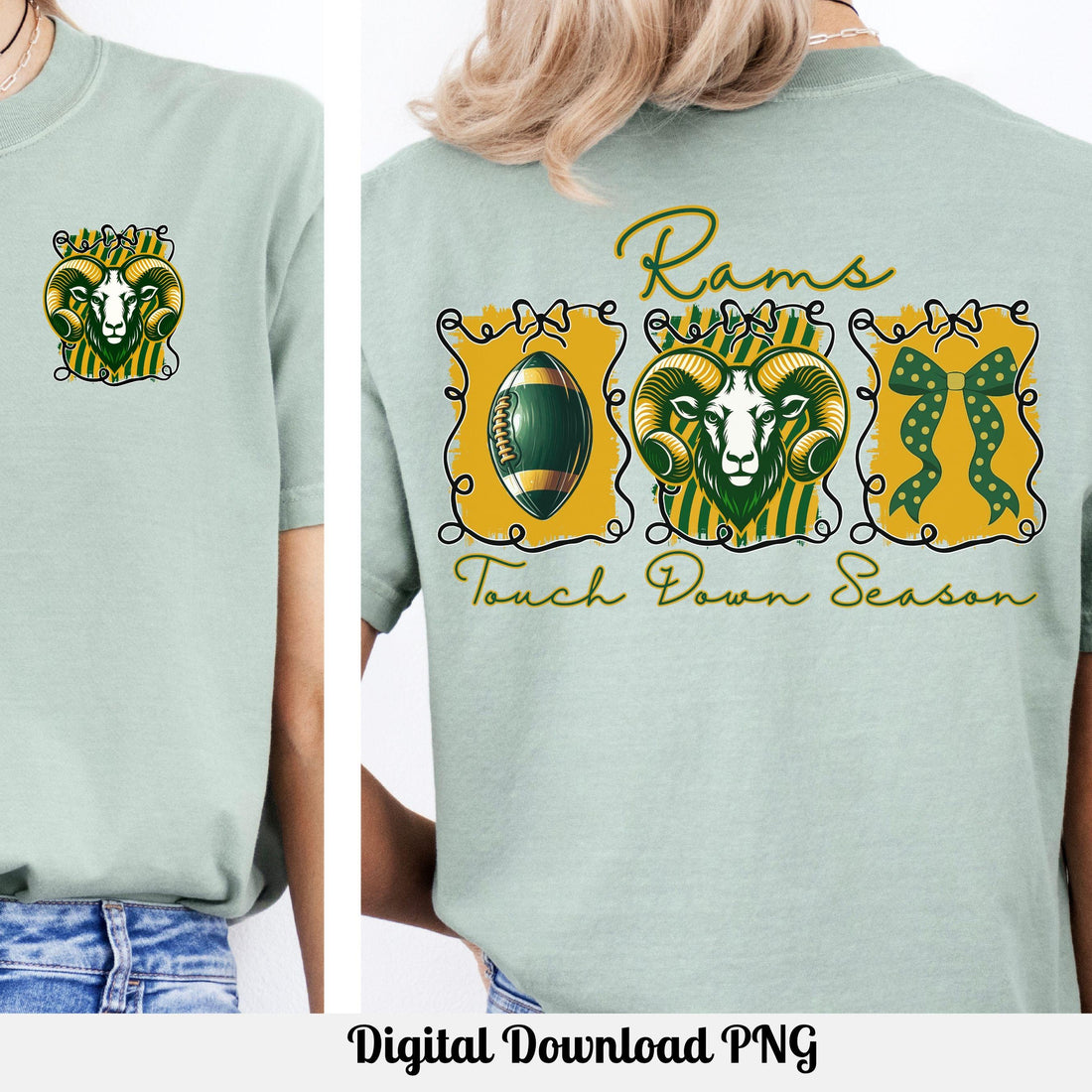 Rams Coquette Bow Football PNG Green Gold