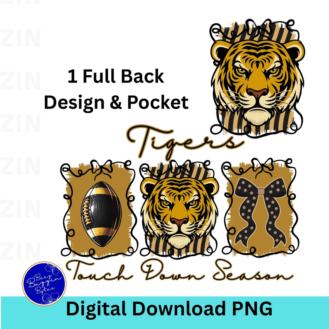 Tigers Coquette Bow Touch Down Season Football PNG Golden