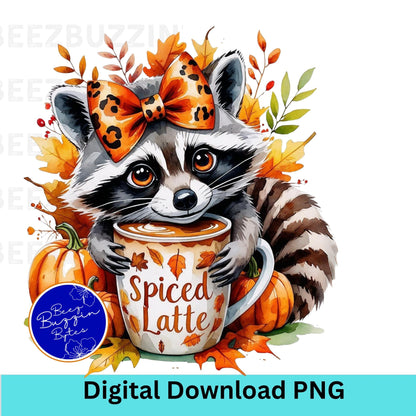 Cute Raccoon Coquette Bow Hugging Spiced Latte Fall Inspired PNG