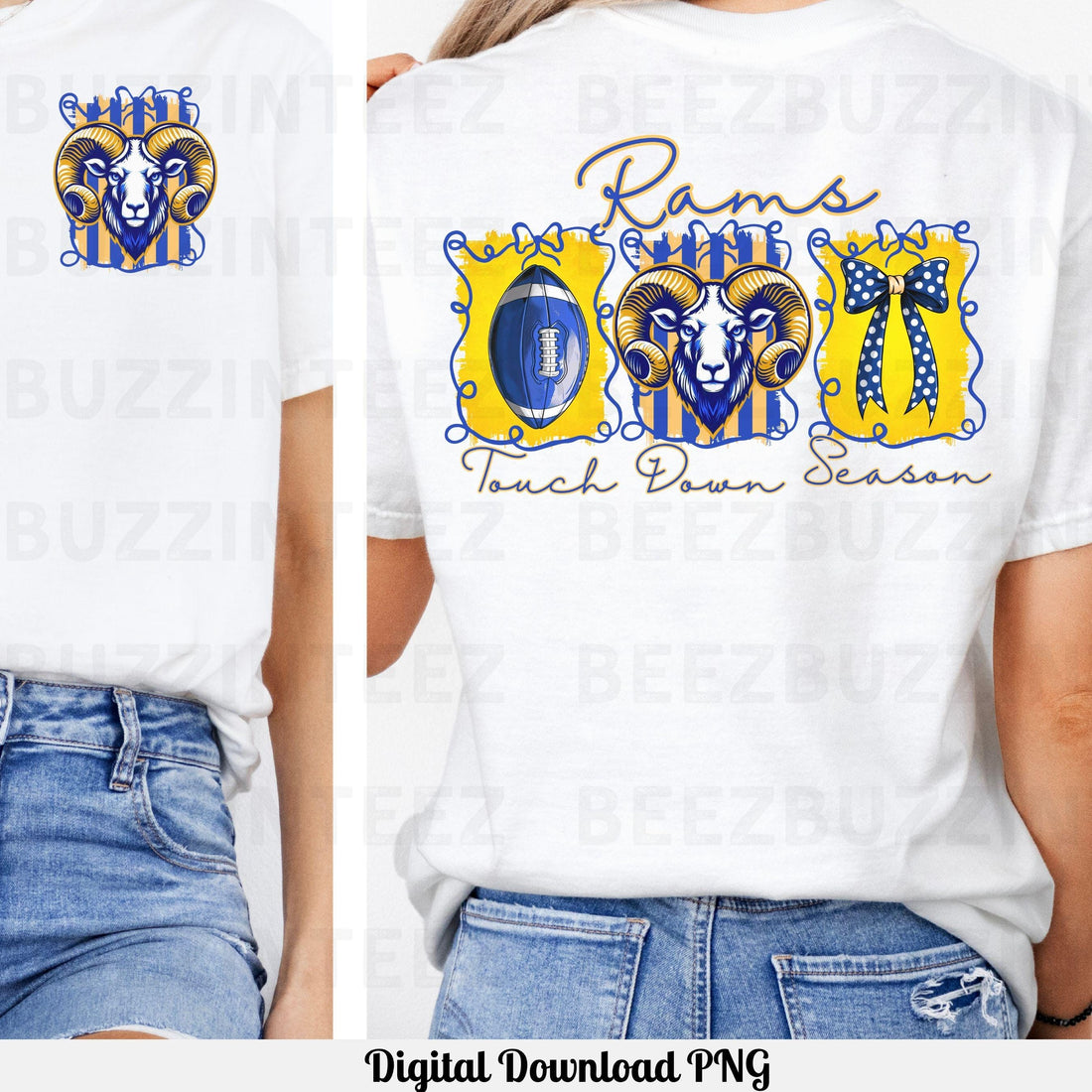 Rams Coquette Bow Touch Down Season Design PNG Blue Gold