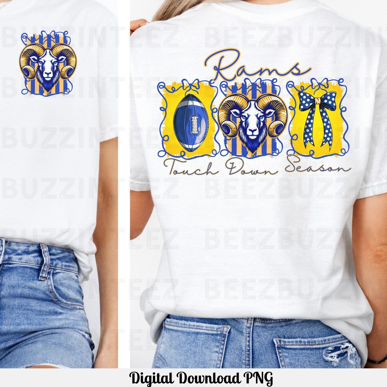 Rams Coquette Bow Touch Down Season Design PNG Blue Gold
