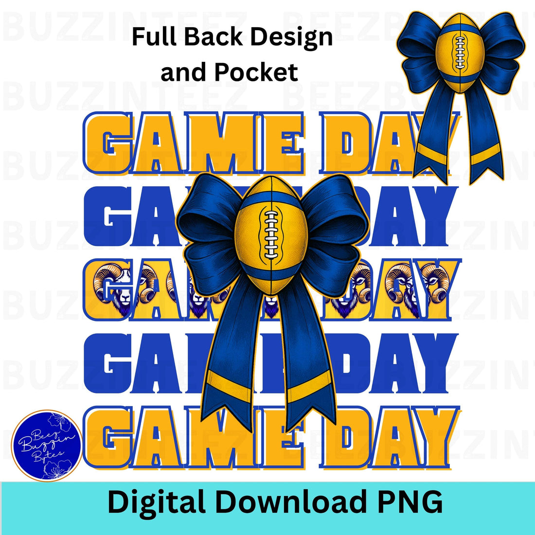Game Day Rams Blue & Gold Football Bow Design PNG