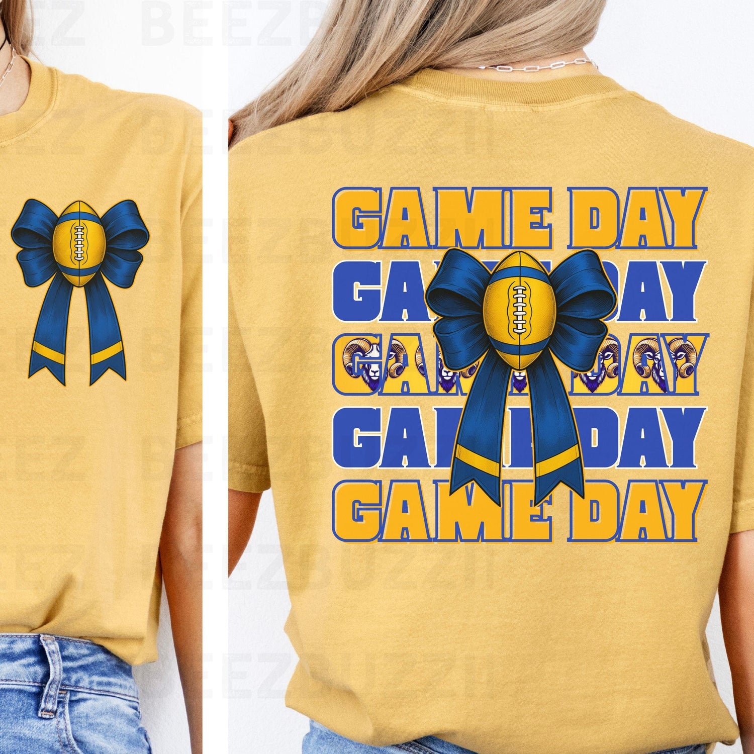 Game Day Rams  Blue &amp; Gold Football Bow Design PNG