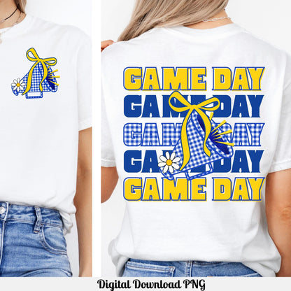 Game Day Blue &amp; Yellow Gingham Cheer Megaphone with Coquette Bow PNG