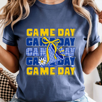 Game Day Blue &amp; Yellow Gingham Cheer Megaphone with Coquette Bow PNG