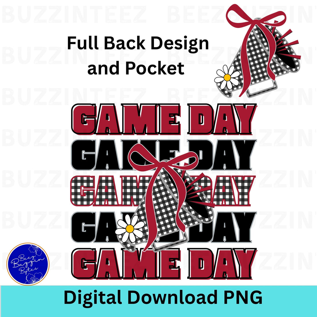 Game Day Black &amp; Maroon Gingham Cheer Megaphone with Coquette Bow PNG