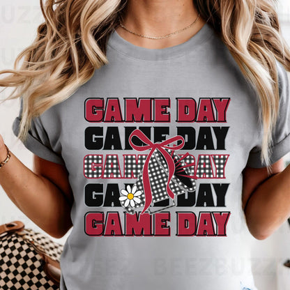 Game Day Black &amp; Maroon Gingham Cheer Megaphone with Coquette Bow PNG