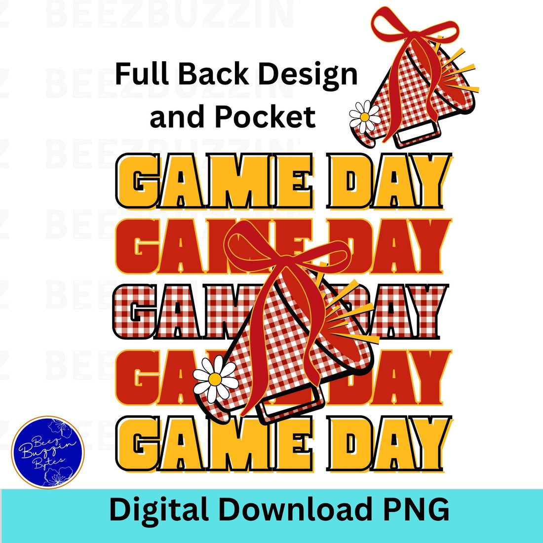 Game Day Red &amp; Gold Gingham Cheer Megaphone with Coquette Bow PNG