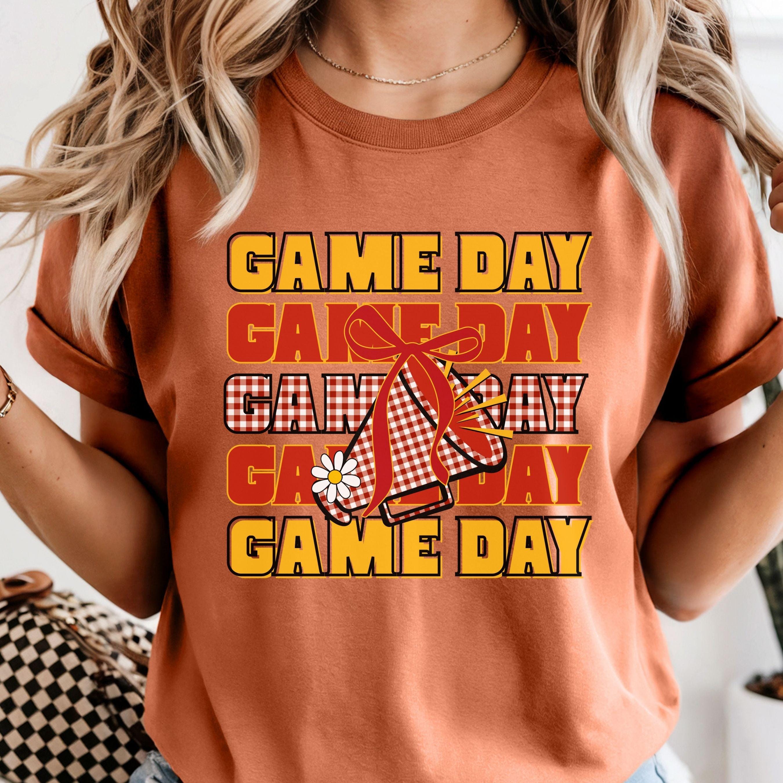 Game Day Red &amp; Gold Gingham Cheer Megaphone with Coquette Bow PNG