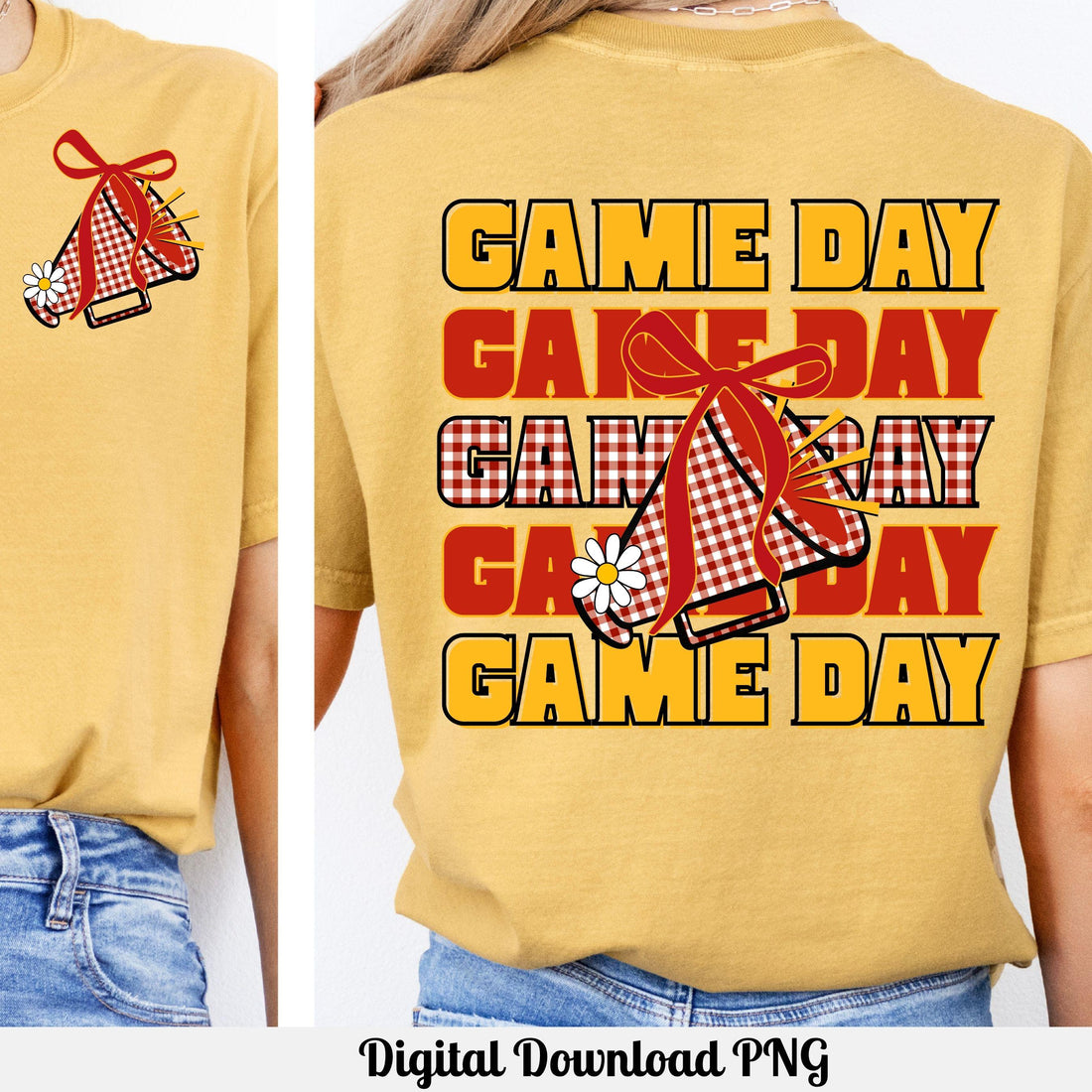 Game Day Red &amp; Gold Gingham Cheer Megaphone with Coquette Bow PNG