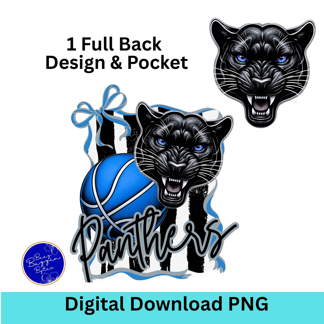 Panthers Basketball Coquette  Bow Stipe Pattern PNG Black Blue