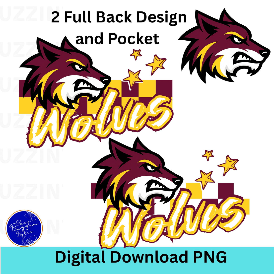 Wolves Trendy Checker Design with Star Elements PNG