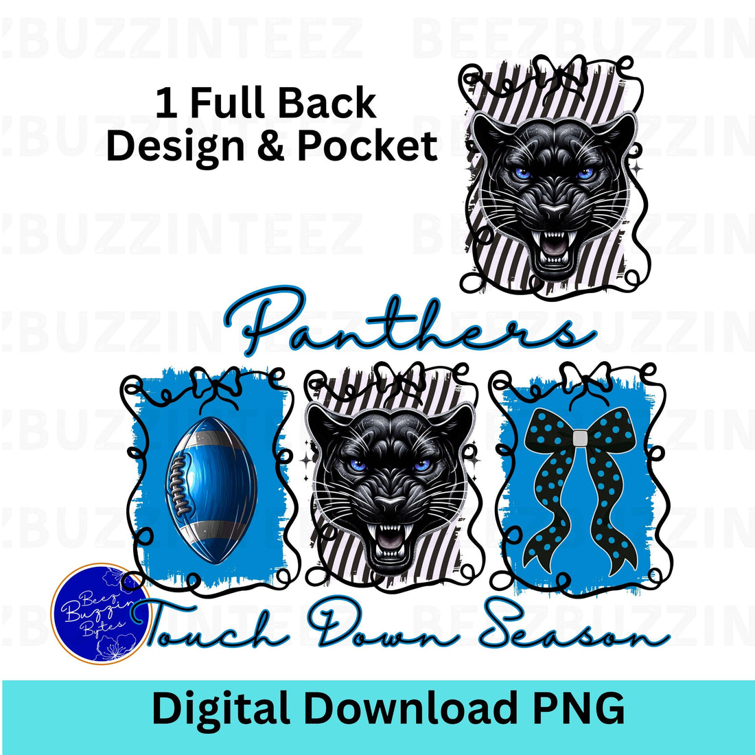 Panthers Black Blue Coquette Bow Touch Down Season PNG
