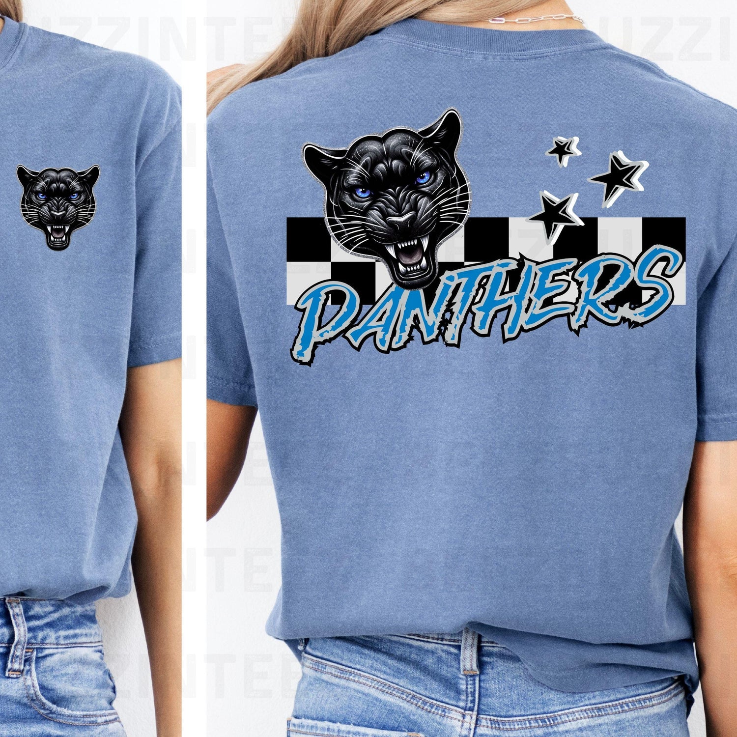 Panthers Trendy Checker Design With Star Elements PNG