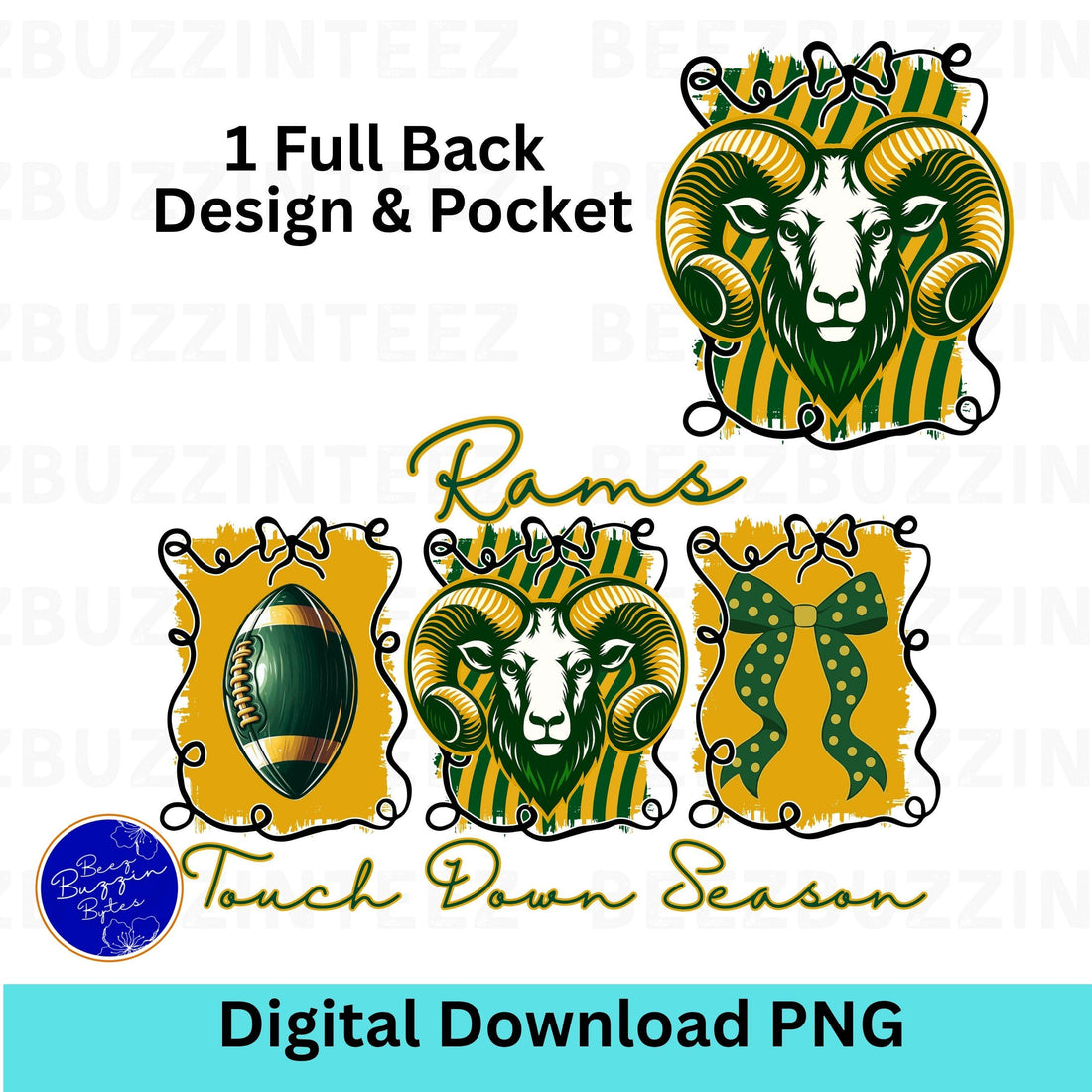 Rams Coquette Bow Football PNG Green Gold