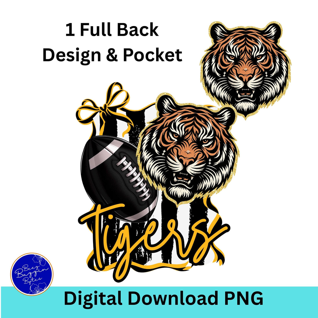 Tigers Coquette Bow Stripe Pattern Football PNG Black Gold