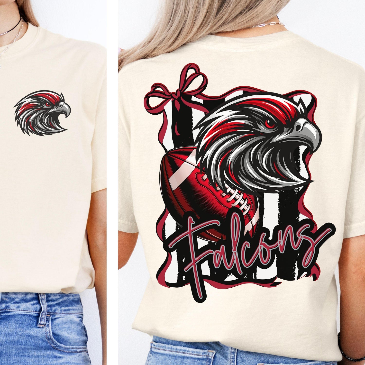 Falcons Red &amp; Black Trendy Coquette Bow &amp; Stripe Design Game Day PNG