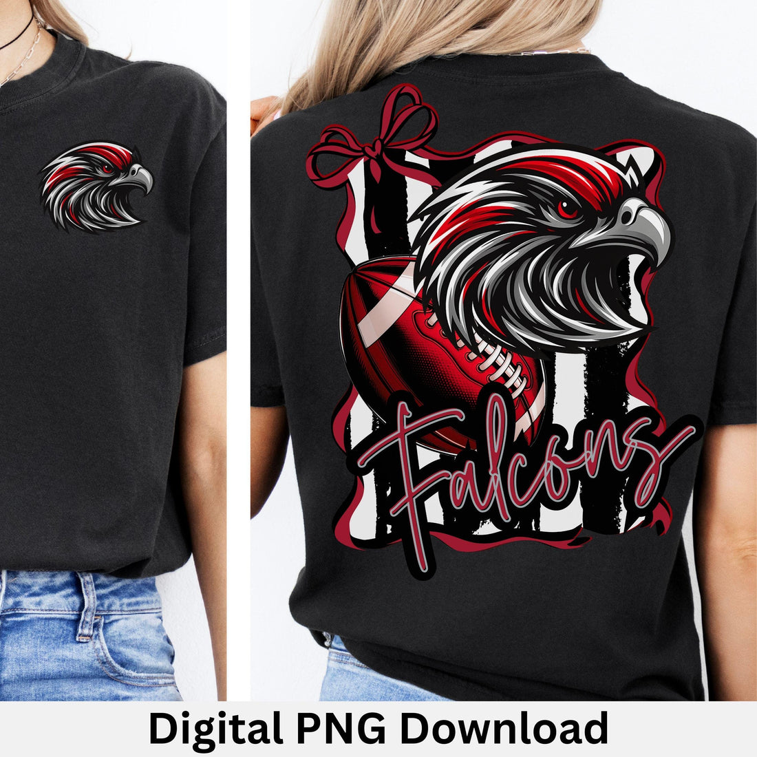 Falcons Red &amp; Black Trendy Coquette Bow &amp; Stripe Design Game Day PNG