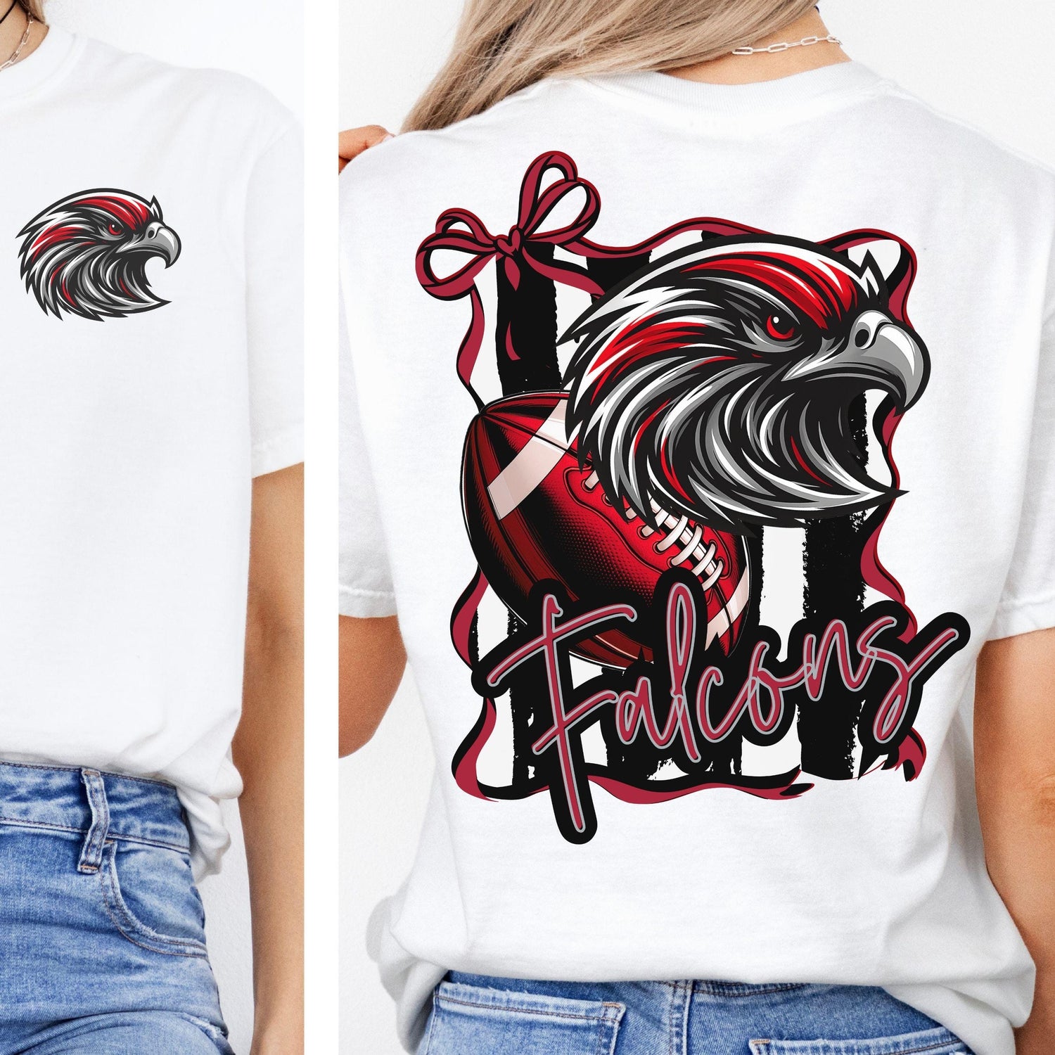 Falcons Red &amp; Black Trendy Coquette Bow &amp; Stripe Design Game Day PNG